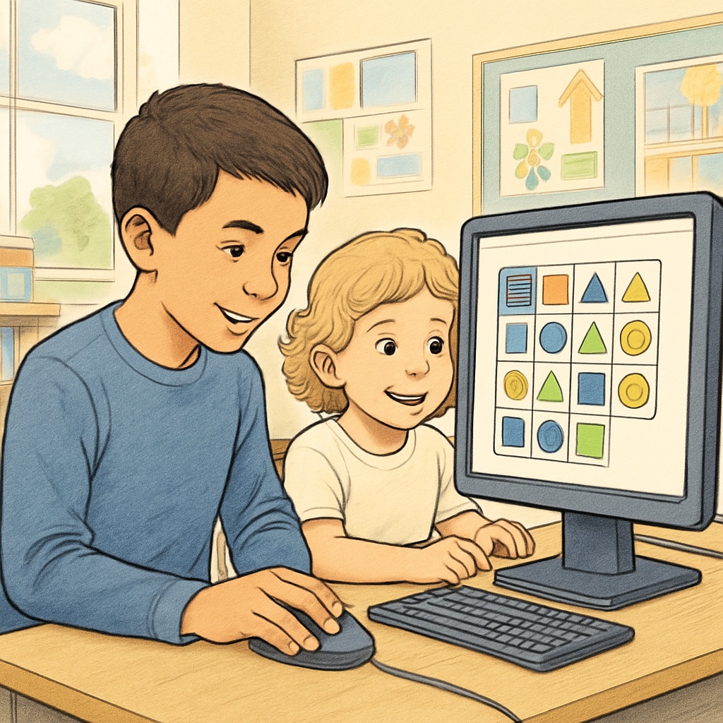 An older elementary student and a kindergartener working together on a computer-based educational game in a bright classroom. A fourth grader teaching basic computer skills to a kindergarten buddy.
