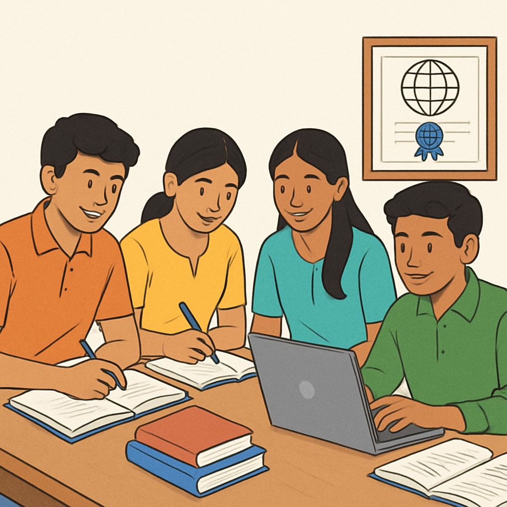 A group of Indian students studying together, symbolizing collaboration and international certification. Kerala students preparing for CMA USA certification together.