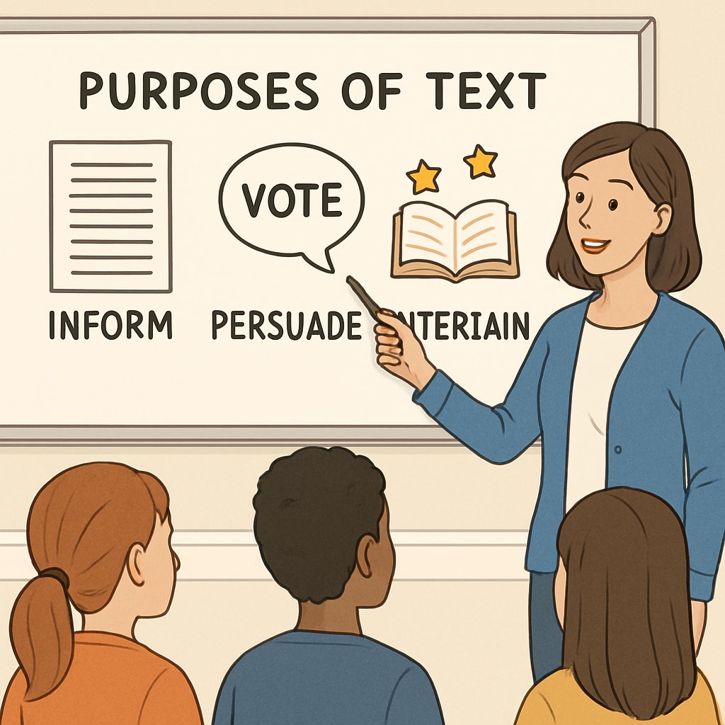 A teacher explaining text purposes using a whiteboard and visual aids to help students understand. Teacher explaining Functional Skills English text purposes.