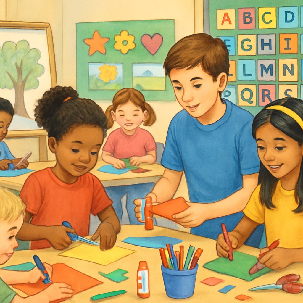 A group of kindergarten and fourth-grade students collaborating on an arts and crafts project in a colorful classroom. Kindergarten and fourth-grade students creating art as part of a buddy program.