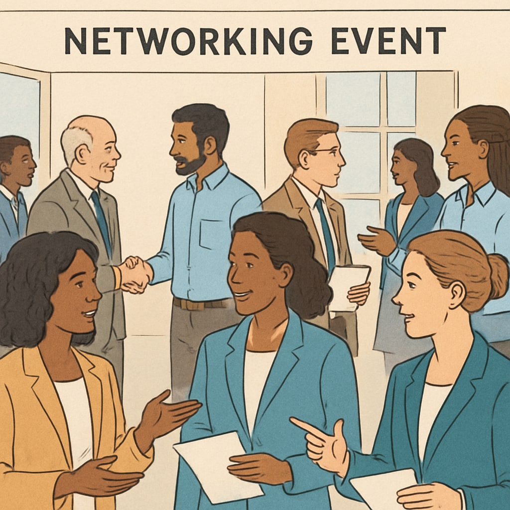 A professional networking event showing diverse individuals exchanging ideas and building connections. Networking event for CMA USA professionals and students.