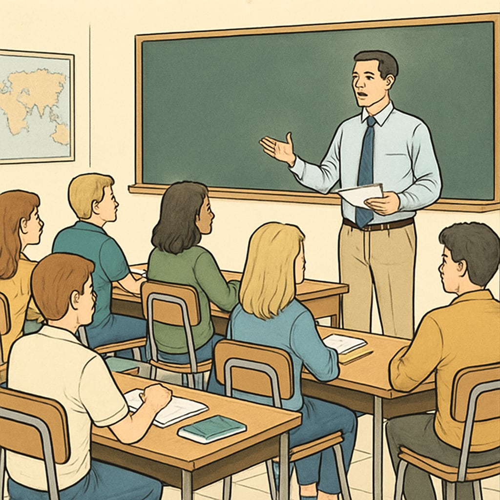 A group of students in a classroom listening attentively to the teacher, with no visible phones on desks. Students learning attentively in a classroom, illustrating the impact of a phone-free policy.