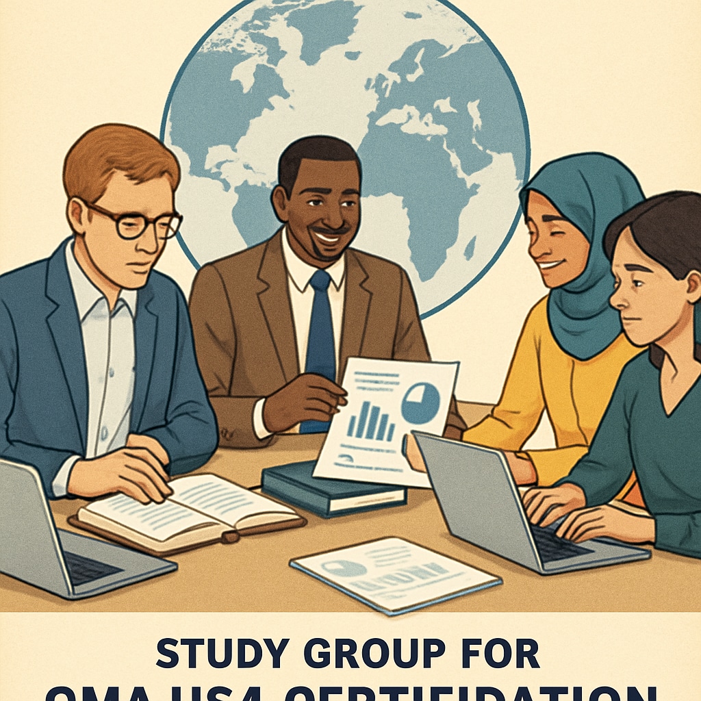 A CMA USA study group with diverse professionals collaborating, symbolizing global career connections. Diverse group of CMA USA aspirants collaborating for career growth.