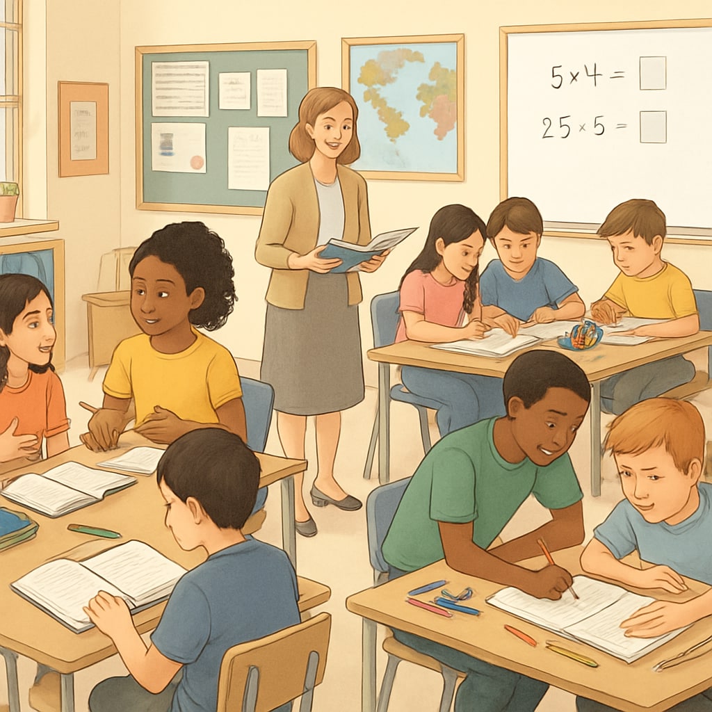 A classroom setting with K12 students engaging in diverse learning activities, such as group discussions and individual assignments. K12 students engaging in effective learning strategies in a classroom setting