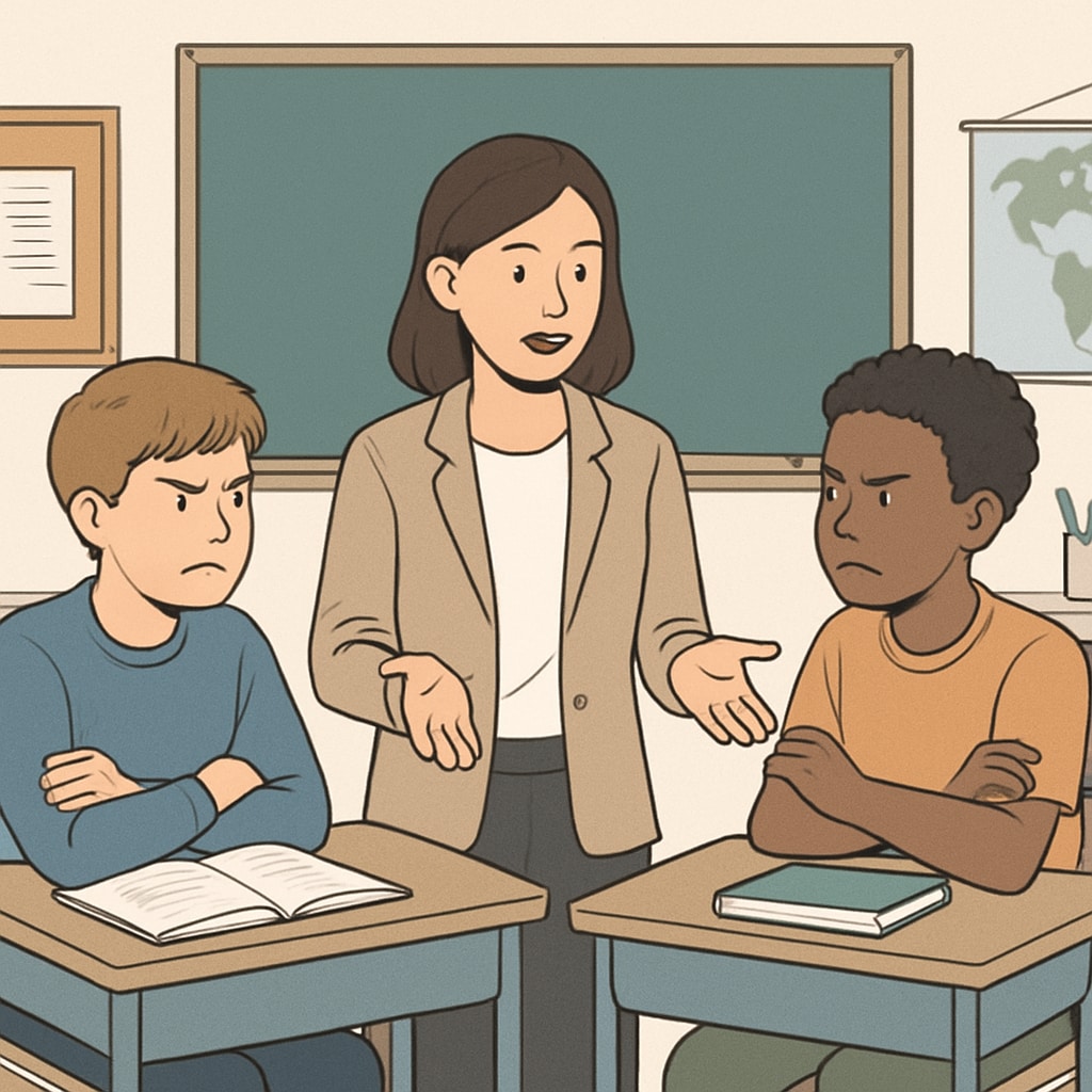 A teacher mediating between two students in a classroom setting, representing conflict resolution in schools. A teacher resolving conflict between students as part of anti-bullying strategies.