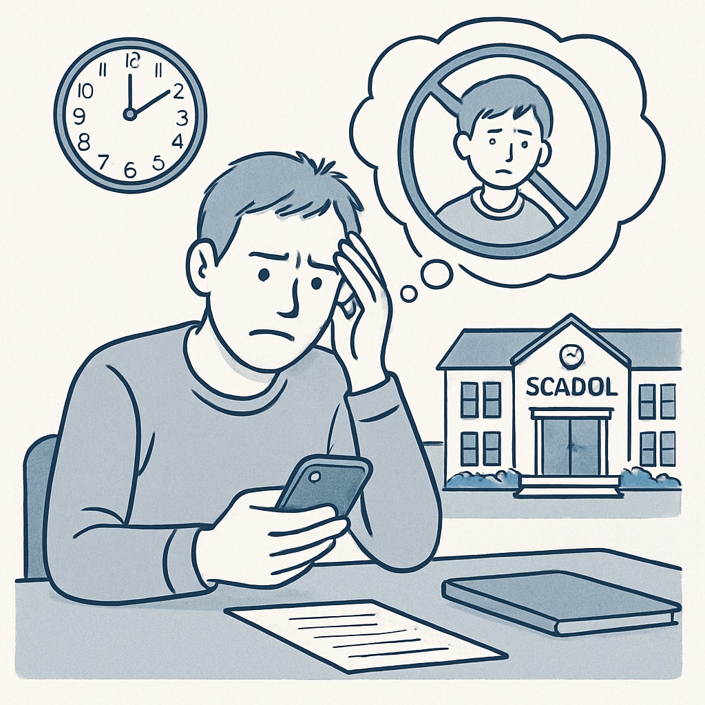 A frustrated parent trying to contact their child during school hours, illustrating communication challenges due to phone bans. Parent unable to reach their child during school, highlighting an issue with phone bans.