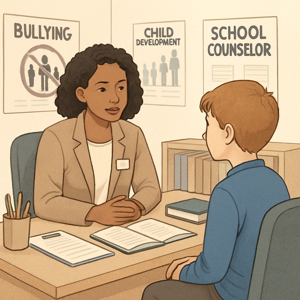 A school counselor speaking with a student in a private office, symbolizing intervention efforts in bullying cases. A school counselor addressing bullying issues with a student privately.