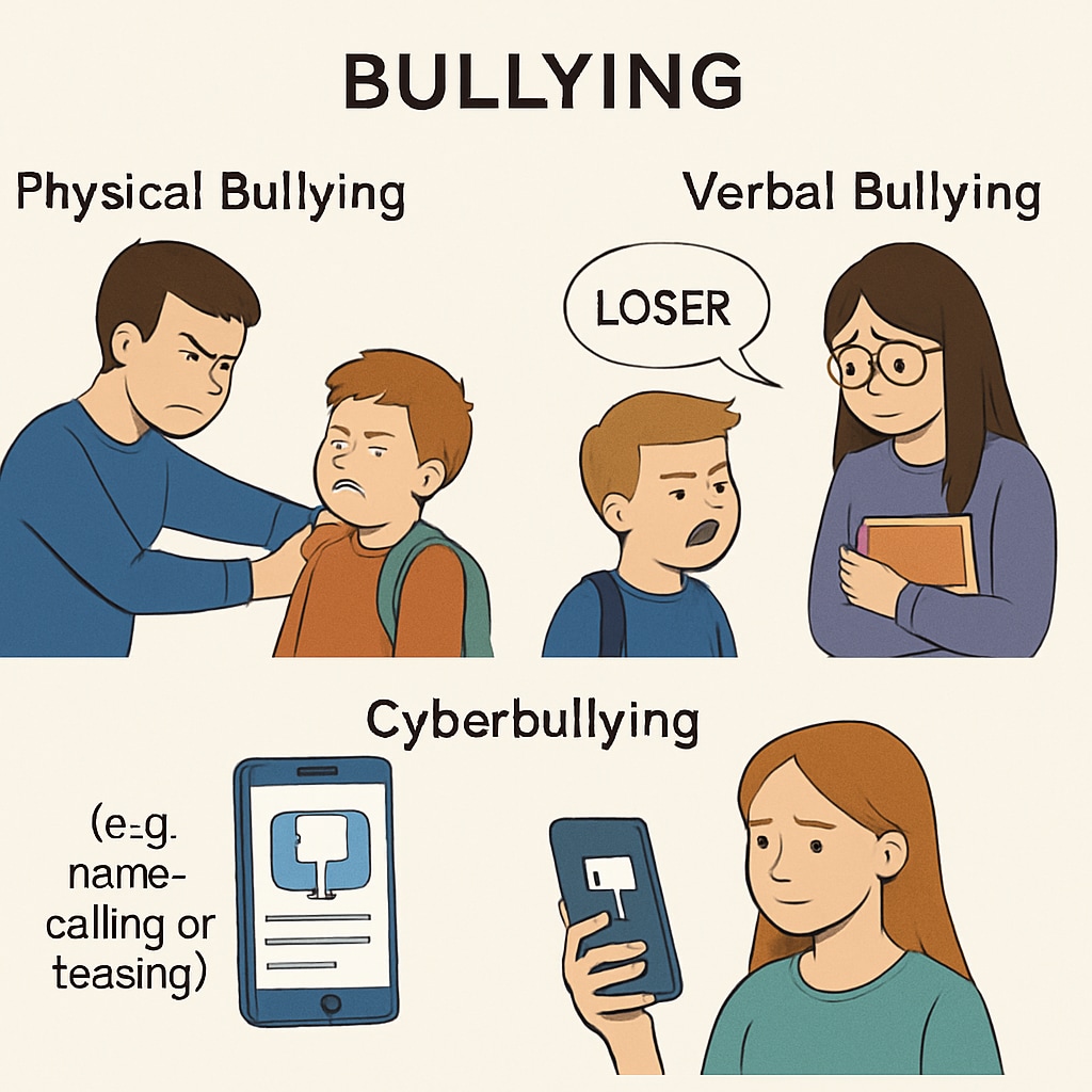 A diagram illustrating examples of bullying behaviors in schools, such as physical, verbal, and cyberbullying. Examples of bullying behaviors, including physical, verbal, and cyberbullying.