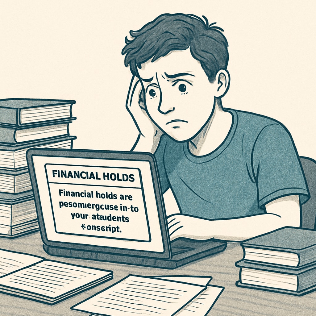A student looking frustrated while trying to access their academic transcript online due to financial holds. Student struggling with accessing transcripts due to unpaid balances.