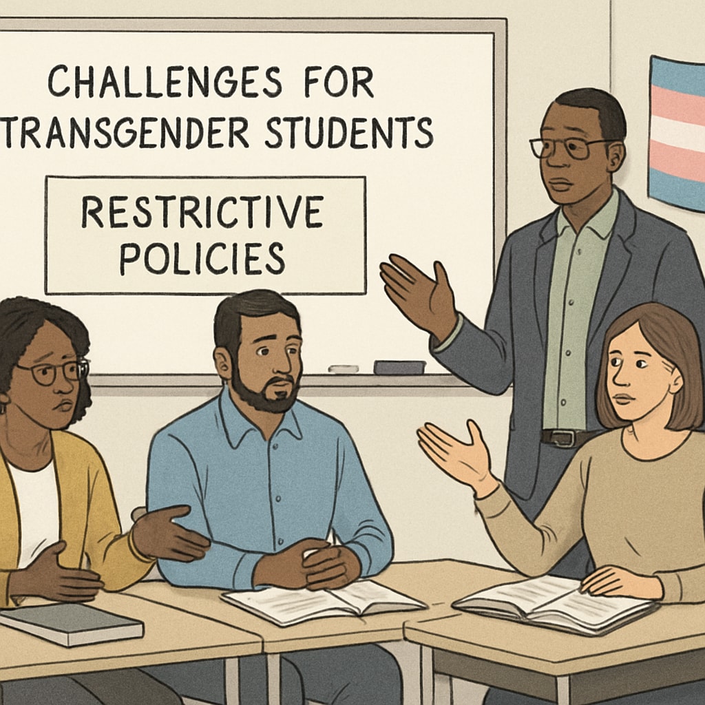A classroom setting where educators discuss gender inclusivity, reflecting challenges faced by transgender students under restrictive policies. Classroom discussion about gender inclusivity and transgender student challenges.