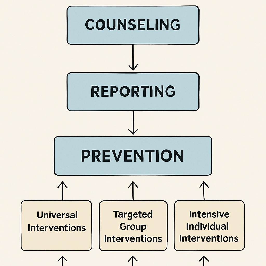 A flowchart showing the multi-level intervention system, including prevention, reporting, and counseling processes. Multi-level intervention system for bullying management in schools.