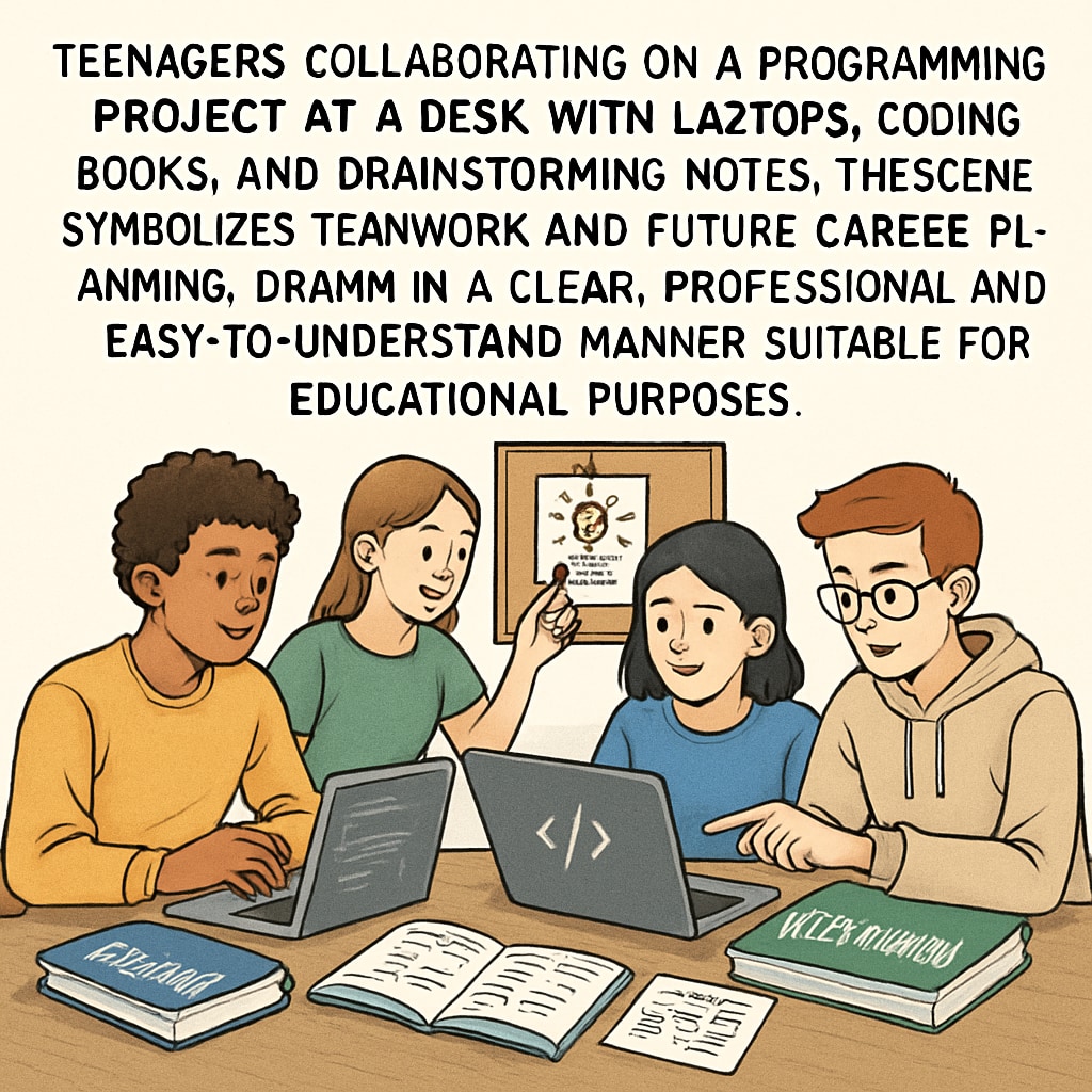 A group of teenagers working together on a programming project, symbolizing future career planning. Teens collaborating on a programming project, AI and career planning.