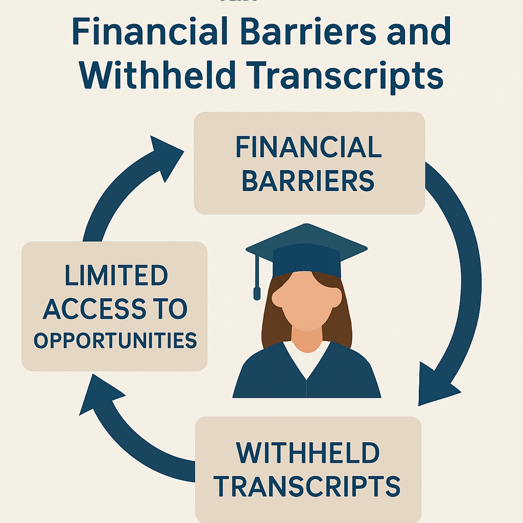 An infographic illustrating the cycle of financial barriers and withheld transcripts, showing how it impacts students' access to opportunities. Infographic on financial barriers and withheld transcripts.