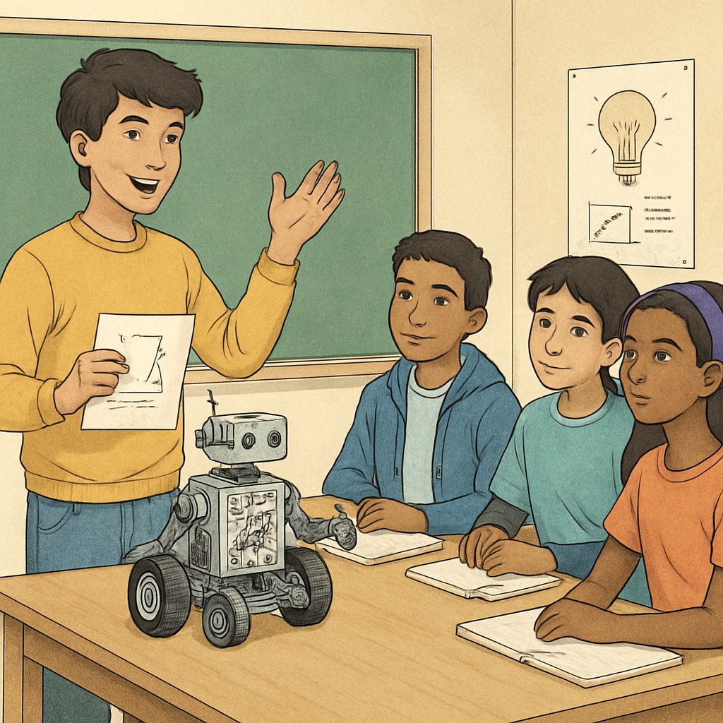 A teenage student presenting a robotics project to a group of peers, symbolizing innovation and collaboration. Teen presenting a robotics project, showcasing career opportunities in engineering.