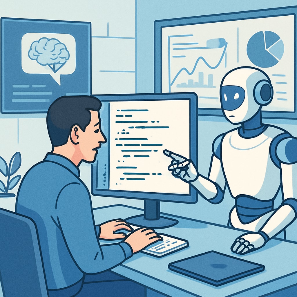 A futuristic workspace showing a programmer collaborating with an AI tool on a coding project. The image highlights how AI and human programmers work together. A programmer using AI tools for coding, representing career choices in programming and AI.