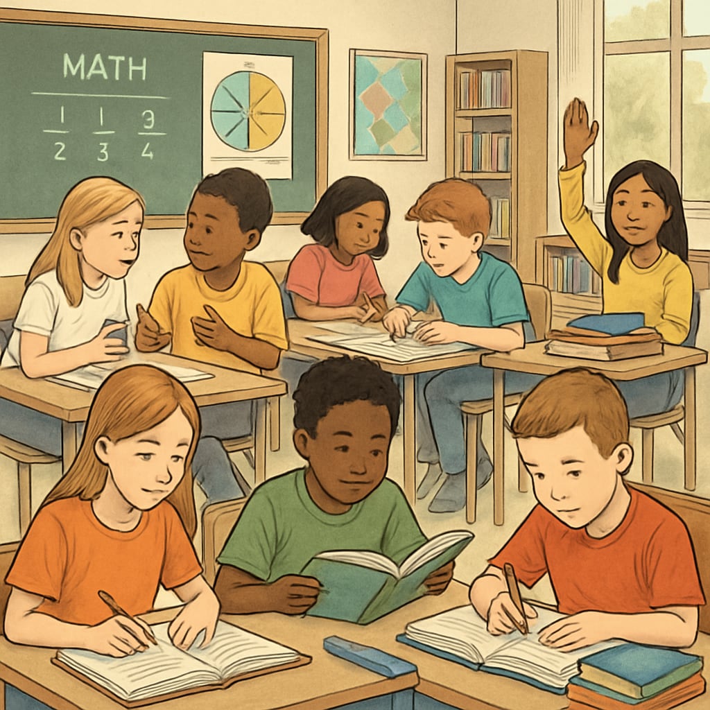 A classroom setting with diverse K12 students engaged in various learning activities, emphasizing collaborative and individual study. K12 students engaged in learning activities, illustrating diverse methods and collaboration.