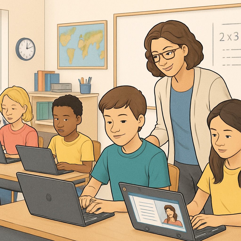 A classroom of students using Chromebooks, with a teacher guiding them through an online lesson. Students using Chromebooks in a classroom to explore educational technology and critical thinking.