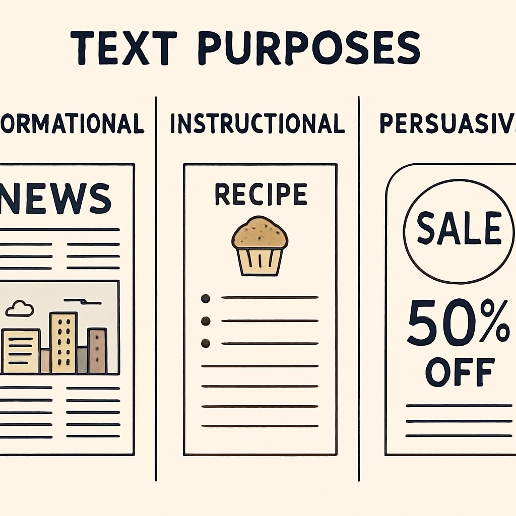 A visual representation of the three text purposes – informational, instructional, and persuasive, including examples such as news articles, recipes, and advertisements. Functional English reading text purposes diagram showcasing informational, instructional, and persuasive examples.