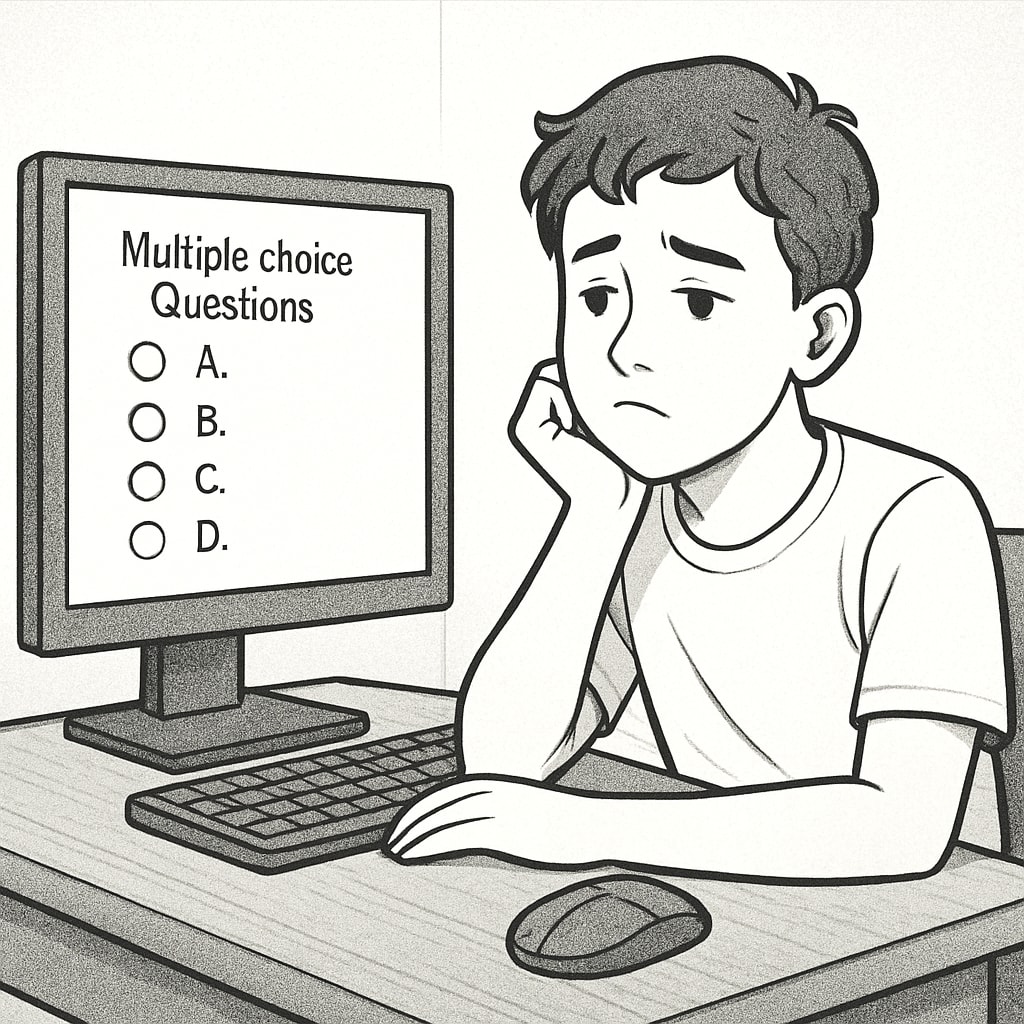 A student staring at a screen with multiple-choice questions, appearing disengaged or uninspired. Student on a Chromebook engaging with structured content, highlighting concerns about critical thinking.