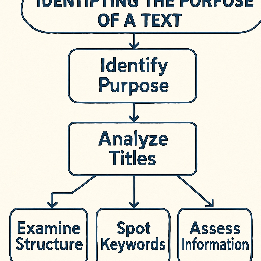A flowchart depicting strategies to identify text purpose, including steps like analyzing titles, examining structure, and spotting keywords. Functional English reading strategies flowchart showing text purpose identification techniques.