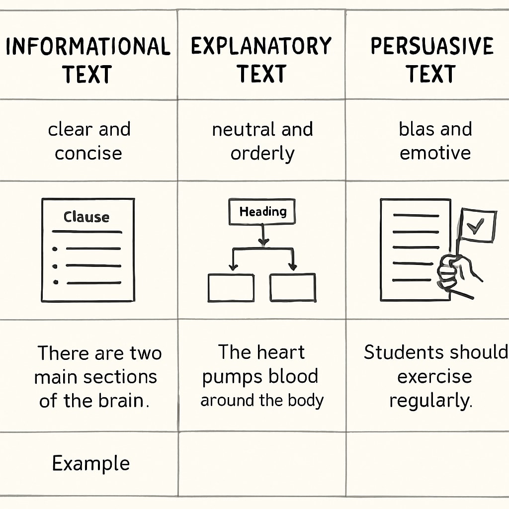 A side-by-side comparison of the key features of informational, explanatory, and persuasive texts, including language style, structure, and examples. Comparison of text types in Functional Skills English, highlighting informational, explanatory, and persuasive texts.