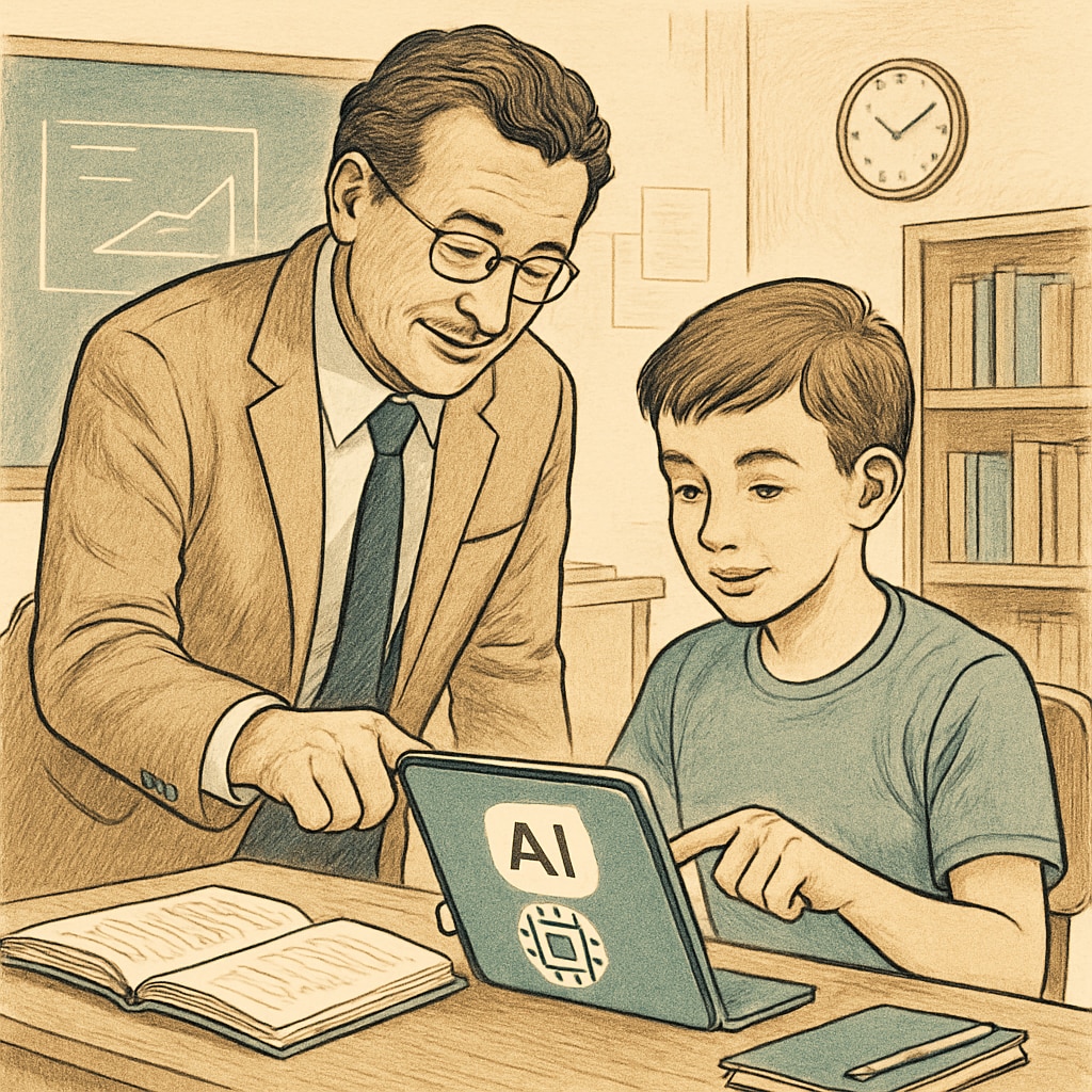 A teacher working alongside a student using an AI-powered tablet in a classroom setting. A teacher and student engaging with AI technology in a classroom.