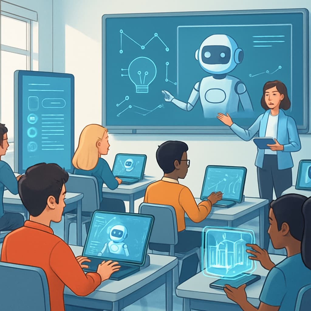 A futuristic classroom where students interact with AI tools under the guidance of a teacher. A modern classroom showcasing AI tools assisting both students and teachers.