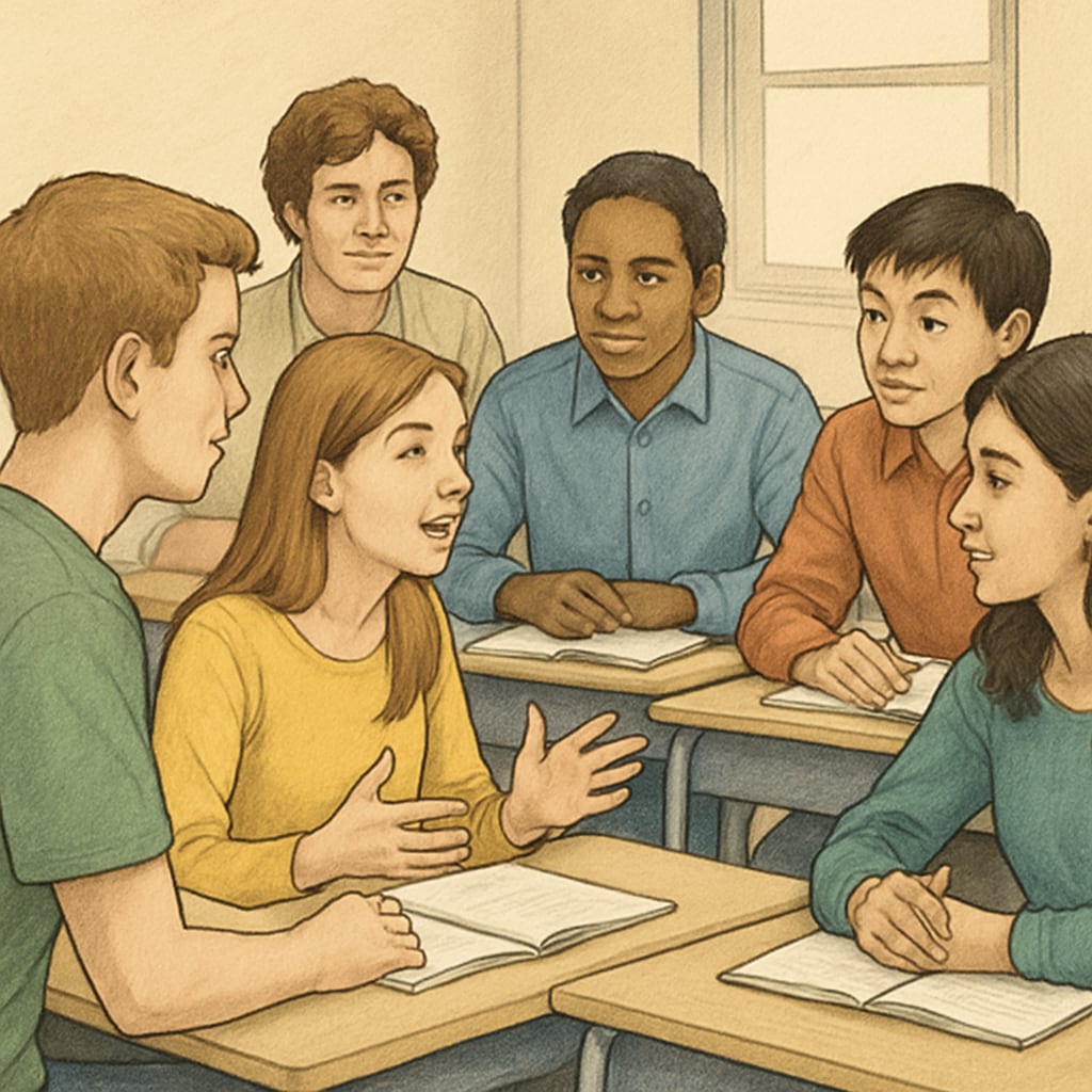 Students in a classroom with no visible cell phones, focusing on a group discussion. A classroom scene with attentive students and no visible cell phones, illustrating focus and engagement.