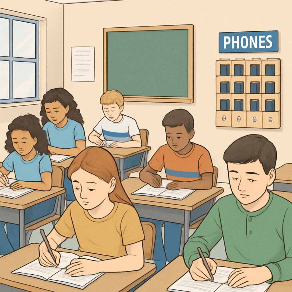 A classroom environment with students focused on their work while phones are visibly stored away in a designated area. Students focused in a phone-free classroom environment, promoting learning.