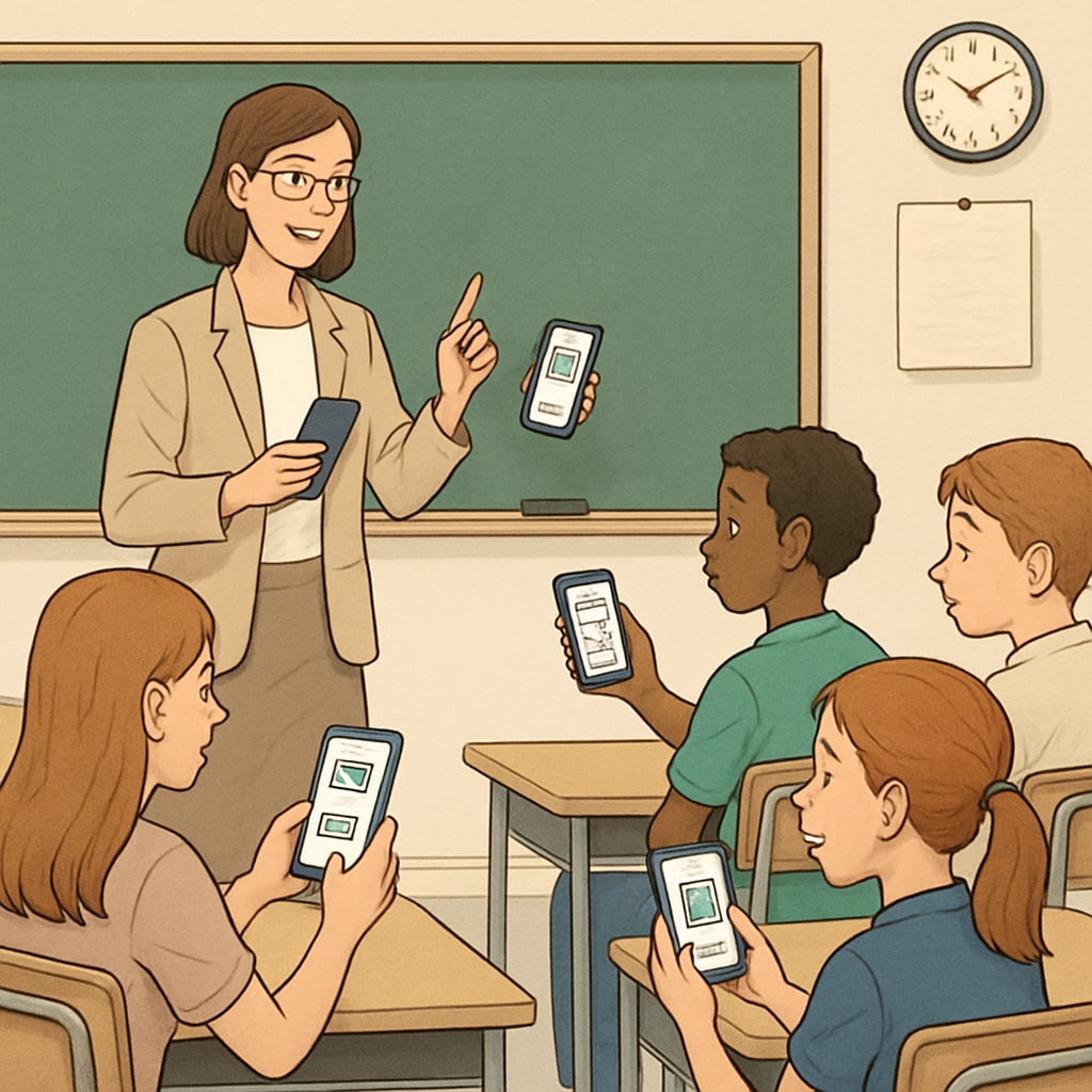 A teacher guiding students on how to use educational apps on their smartphones during class. A teacher helping students use smartphones for educational purposes, showcasing responsible technology integration.