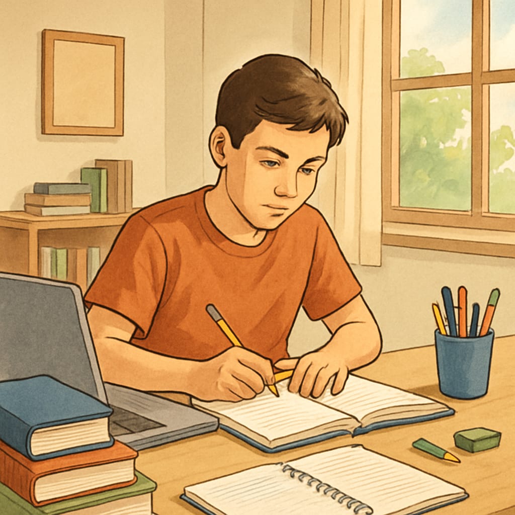 A high school student studying on a laptop at home, representing the flexibility of online education methods. High school student using a laptop for online diploma programs.