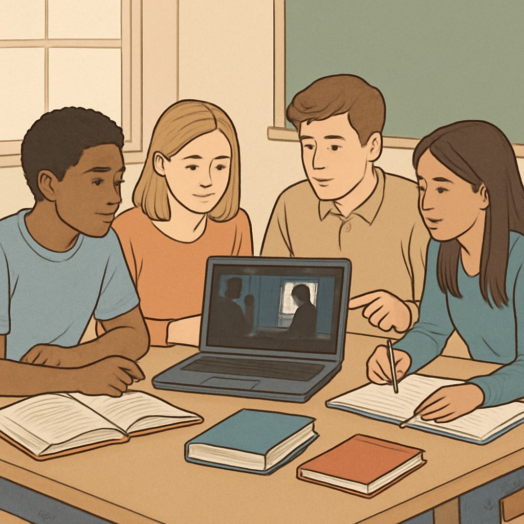 A group of high school students collaboratively analyzing a film scene on a laptop, symbolizing media literacy education. High school students analyzing film scenes for media literacy education.