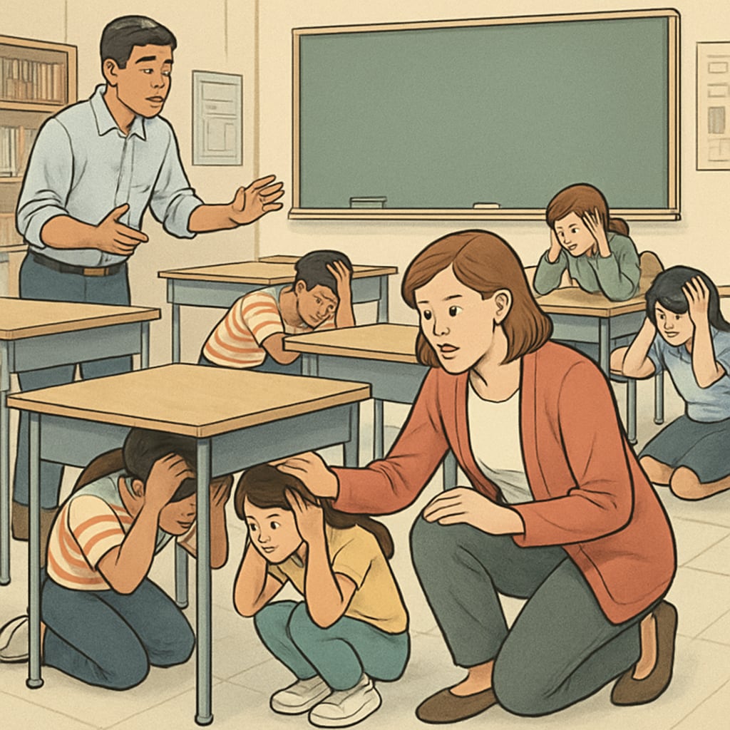 Students and teachers participating in a school safety drill, with no visible phone use. A school safety drill demonstrating emergency preparedness without reliance on phones.