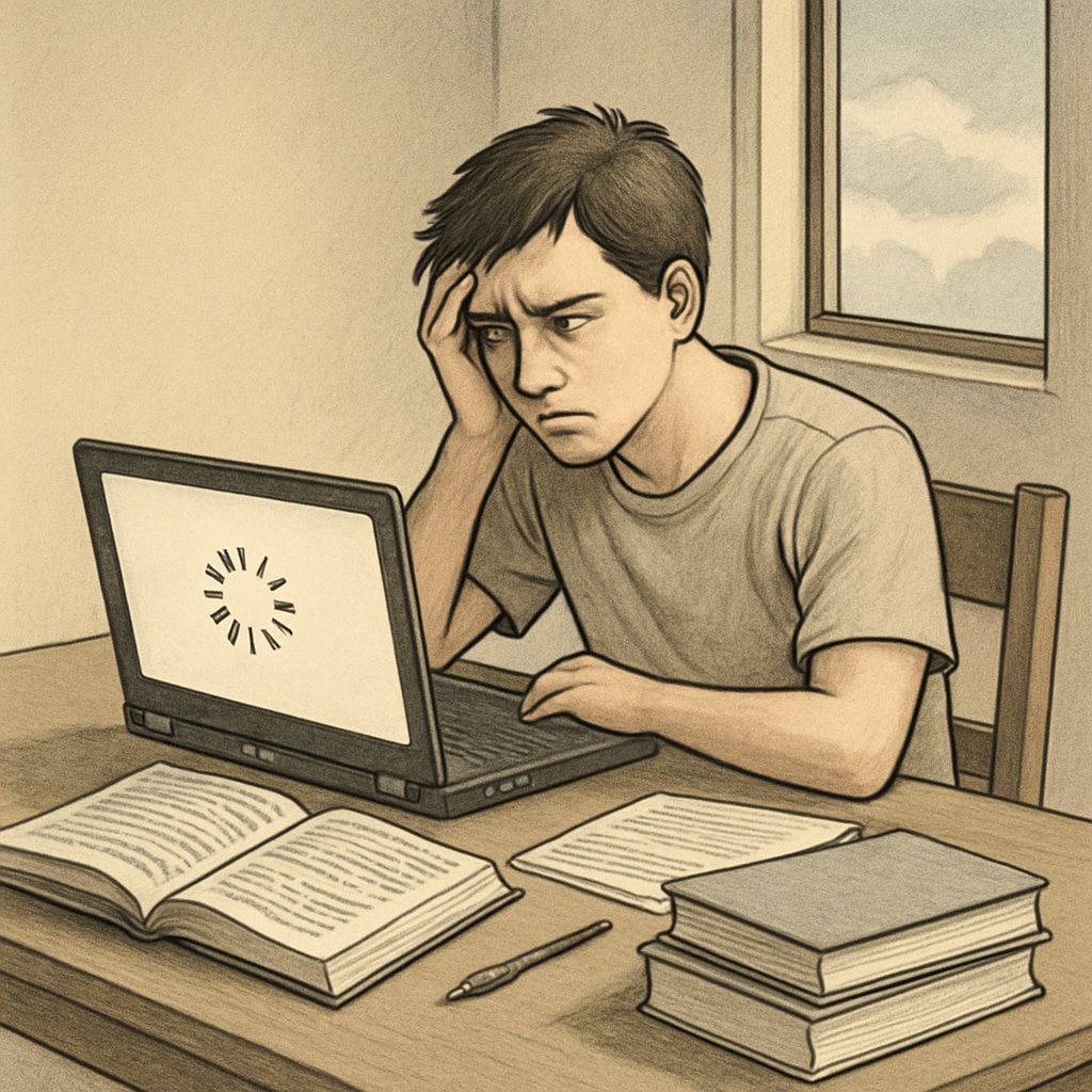 A student struggling with internet connectivity issues while trying to complete online coursework, illustrating the challenges of digital access. Student facing obstacles in online learning due to poor internet connection.