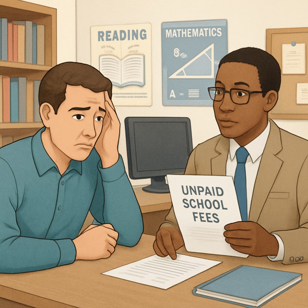 A concerned parent discussing unpaid school fees with an administrator in a school setting. Parent discussing unpaid school fees with administrator regarding academic records and PRC exams.