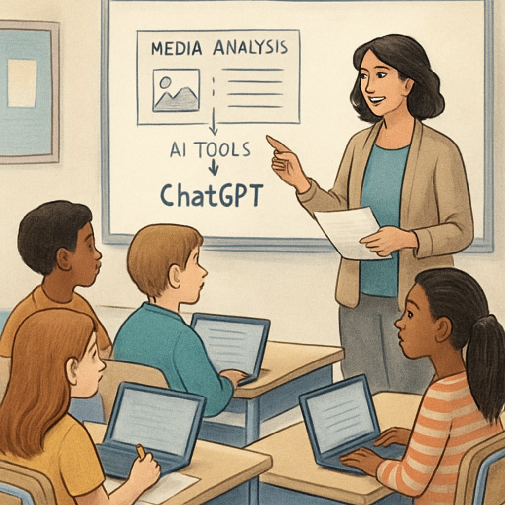 A classroom setting with a teacher guiding students through a ChatGPT exercise on media analysis, illustrating AI integration. Teacher using ChatGPT for media literacy exercises in a classroom.
