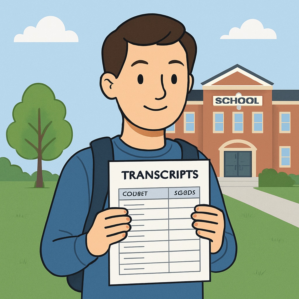 A professional image showing a student holding academic transcripts against a school backdrop. Student holding academic transcripts with a school in the background.