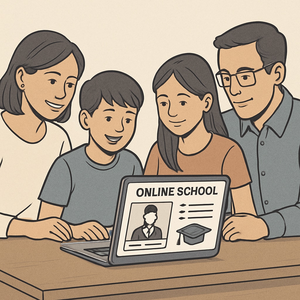 A modern family sitting together at a table, with a laptop displaying an online school platform. Family using public online school platform for education choices