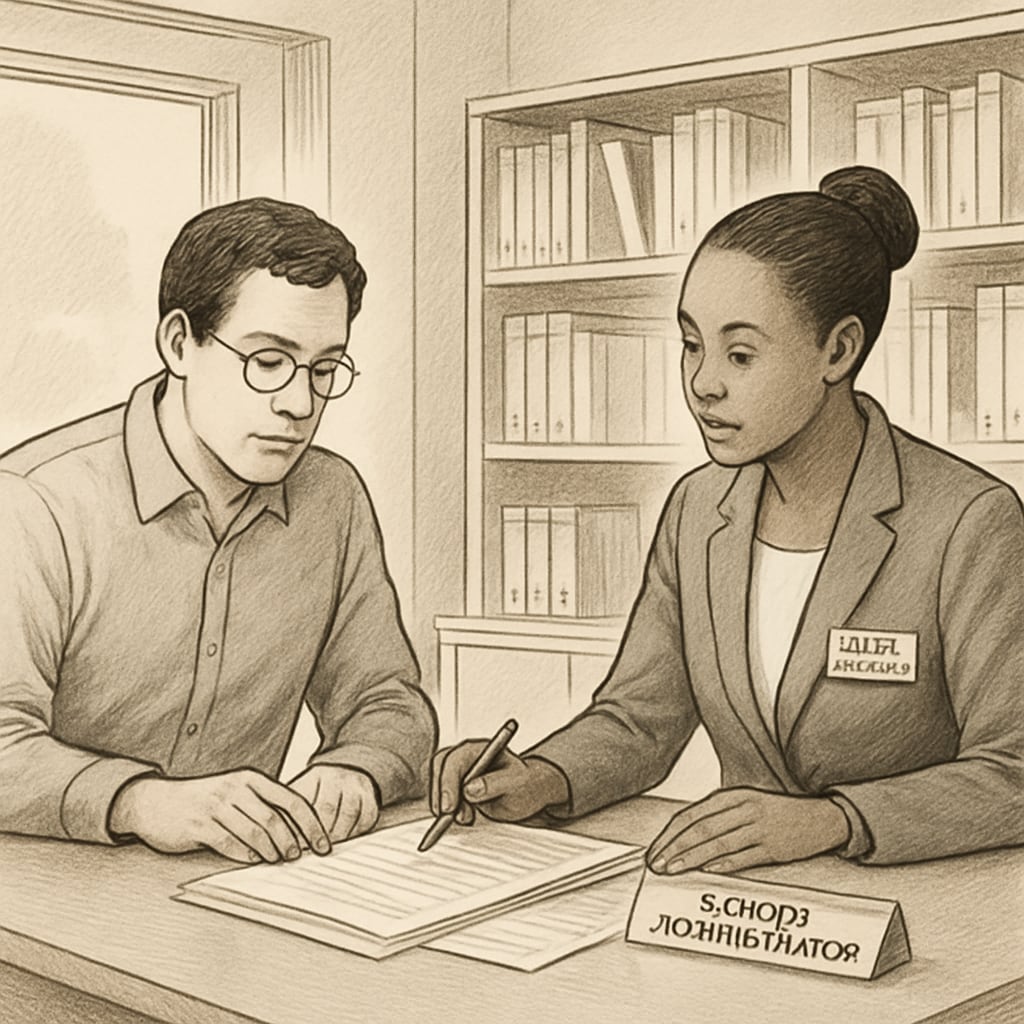 A clear image of a parent and school administrator discussing documents in an office setting. Parent and administrator discussing academic records and unpaid fees.