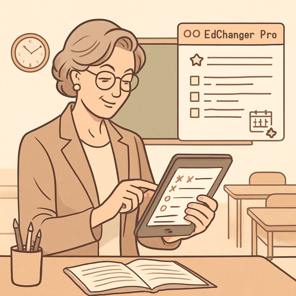 A teacher using a tablet to create lesson plans with EdChanger Pro in a classroom setting. A teacher planning lessons with EdChanger Pro on a tablet, surrounded by students.