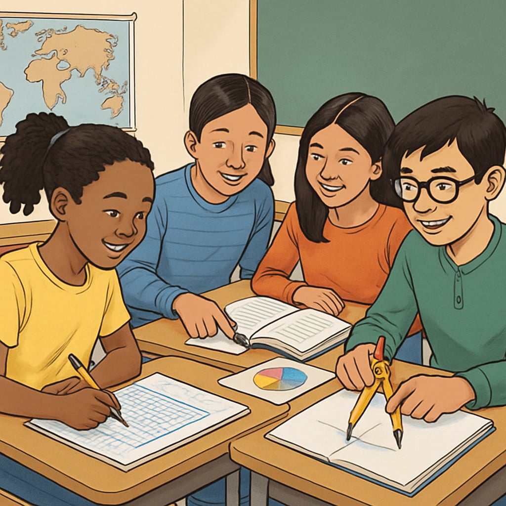 A group of diverse students engaged in collaborative learning activities in a classroom setting Students collaborating in a classroom to explore effective learning methods