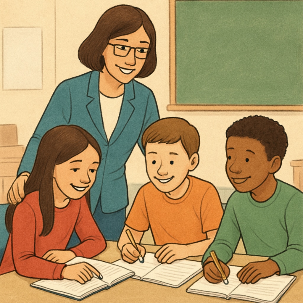 A teacher guiding a group of students during a collaborative learning session. The image highlights interaction and engagement in a classroom setting. A teacher guiding students in a classroom collaborative learning session.