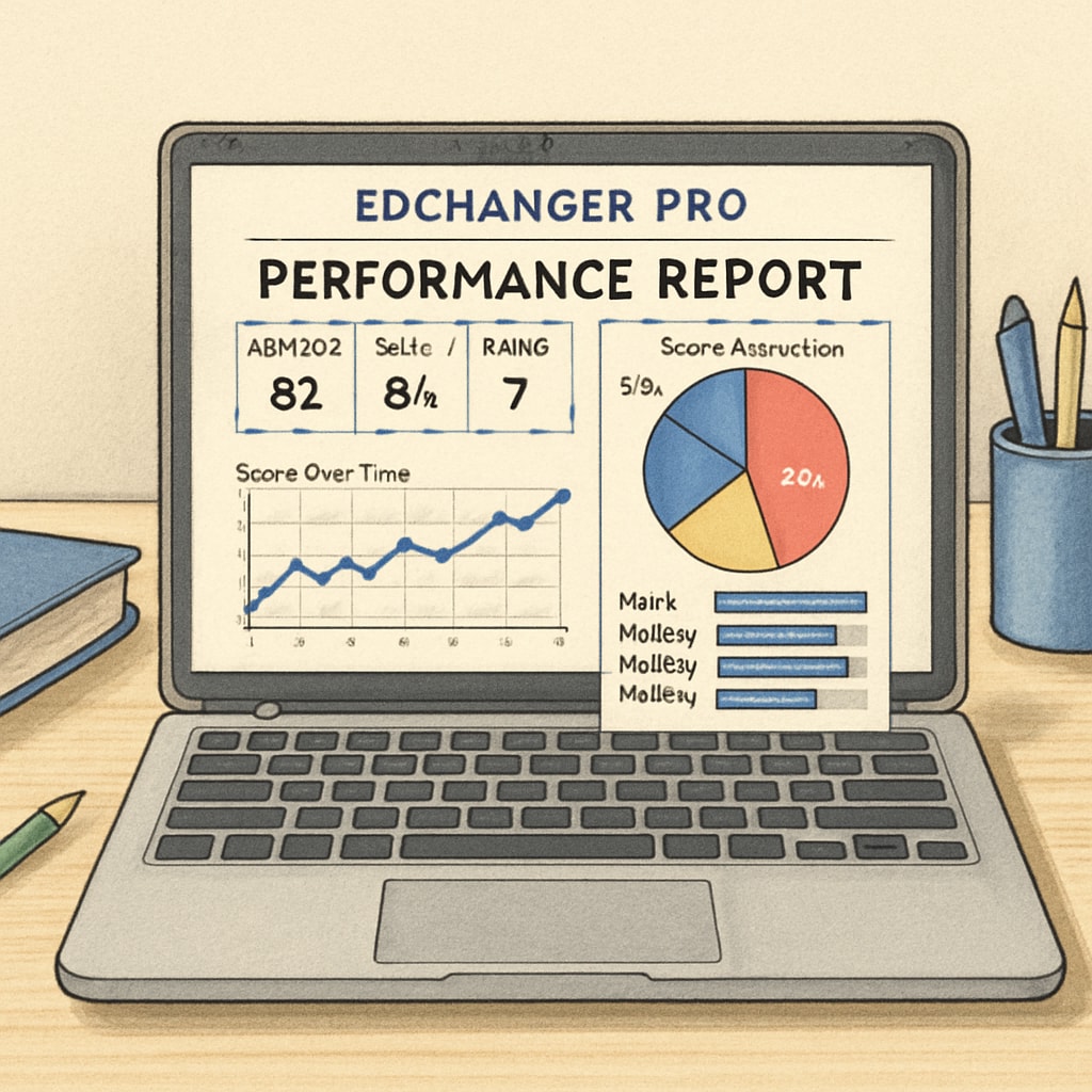 A detailed performance report generated by EdChanger Pro displayed on a laptop screen. EdChanger Pro-generated student performance report on a laptop, showcasing its automated grading feature.