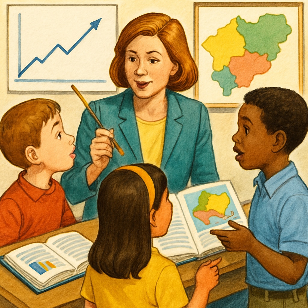 Close-up of a teacher guiding students through a lesson with visual aids Teacher explaining concepts using visual aids to enhance learning methods