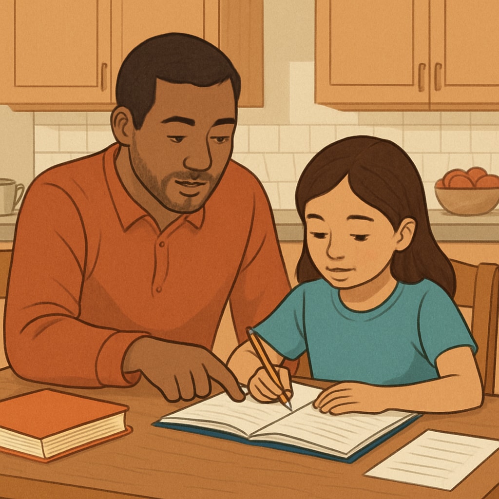 A parent helping their child with homework at the kitchen table. The image emphasizes parental involvement in education. A parent assisting their child with homework at home.