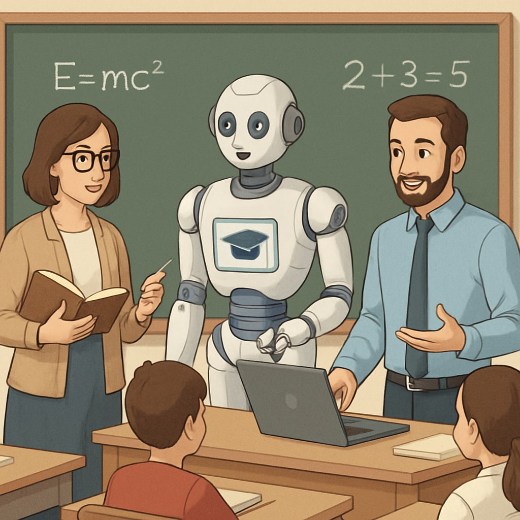 AI and teachers working together in a classroom to enhance learning outcomes.