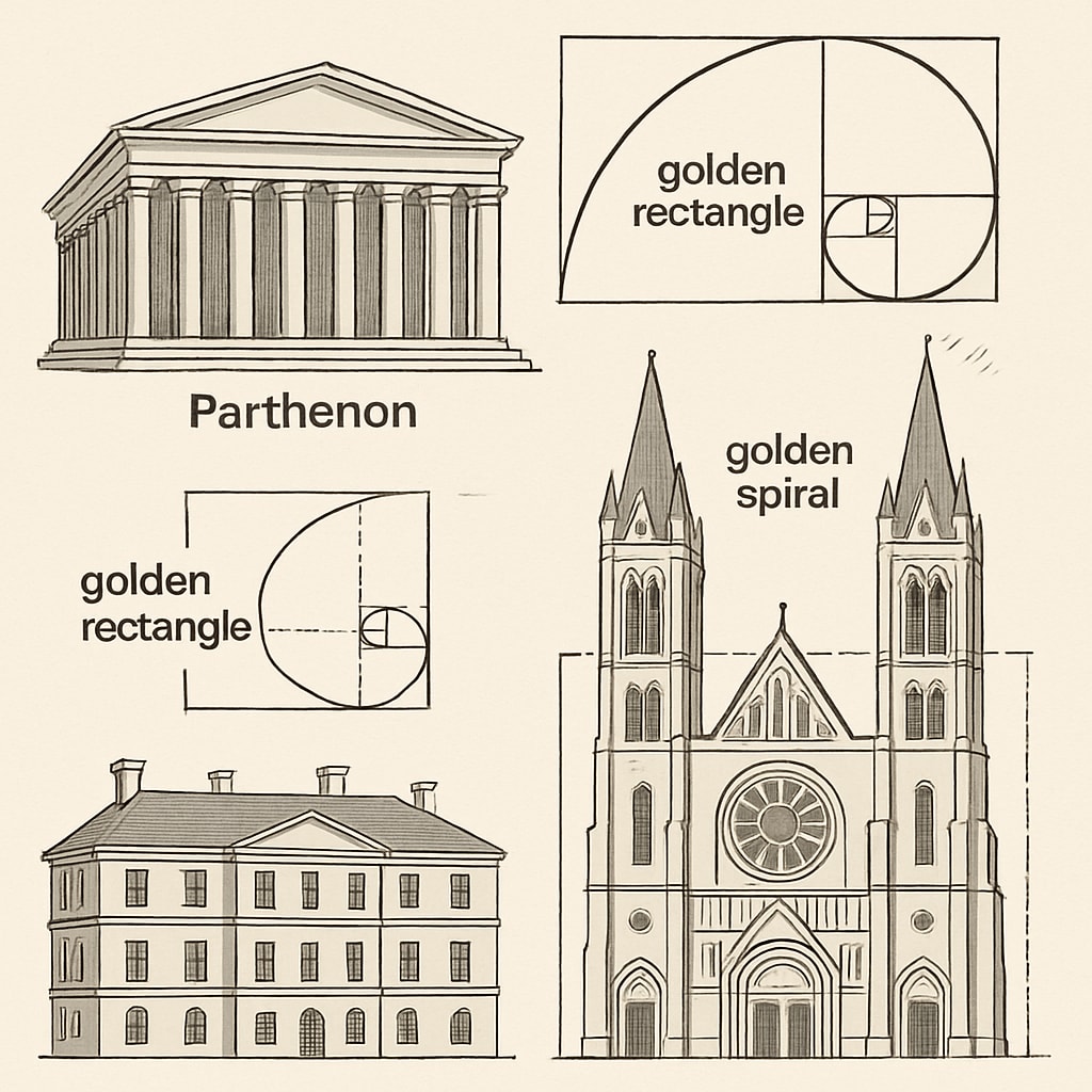 A visual representation of the golden ratio in architecture, illustrating how math connects to art and design. The image includes examples of structures built using the golden ratio principle. Golden ratio in architecture showing math's connection to real-world beauty.