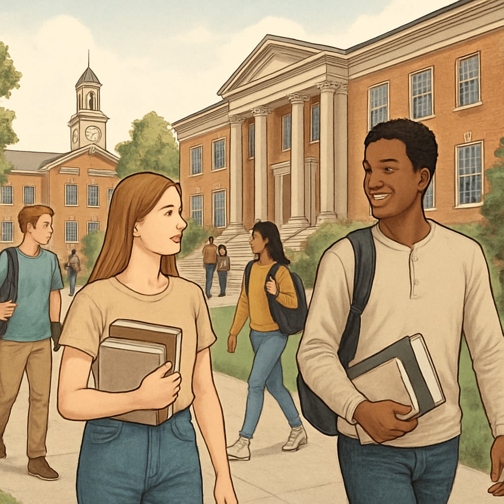 Students walking on a university campus exploring academic programs.