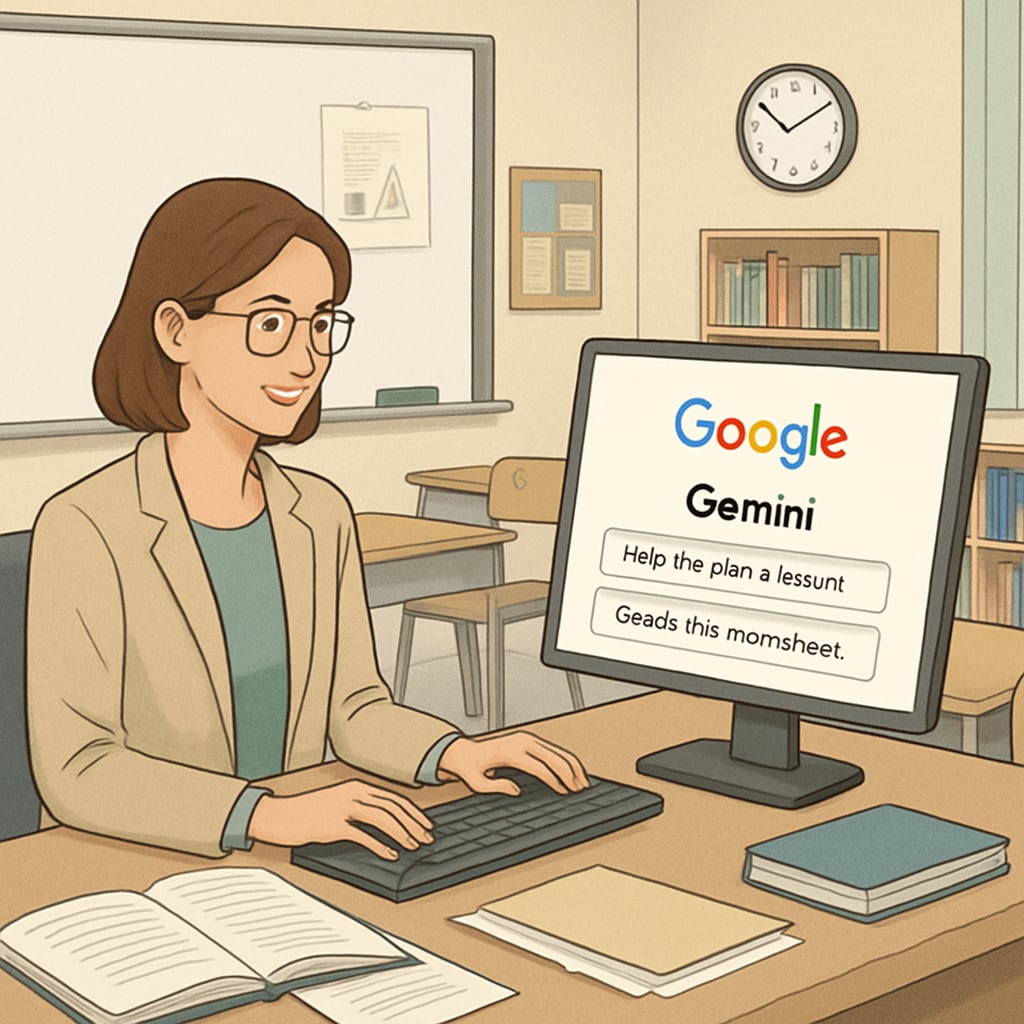 A classroom setting showing a teacher using AI tools like Google Gemini to assist with lesson planning and grading. Teacher utilizing AI tools like Google Gemini to enhance lesson planning and grading efficiency.