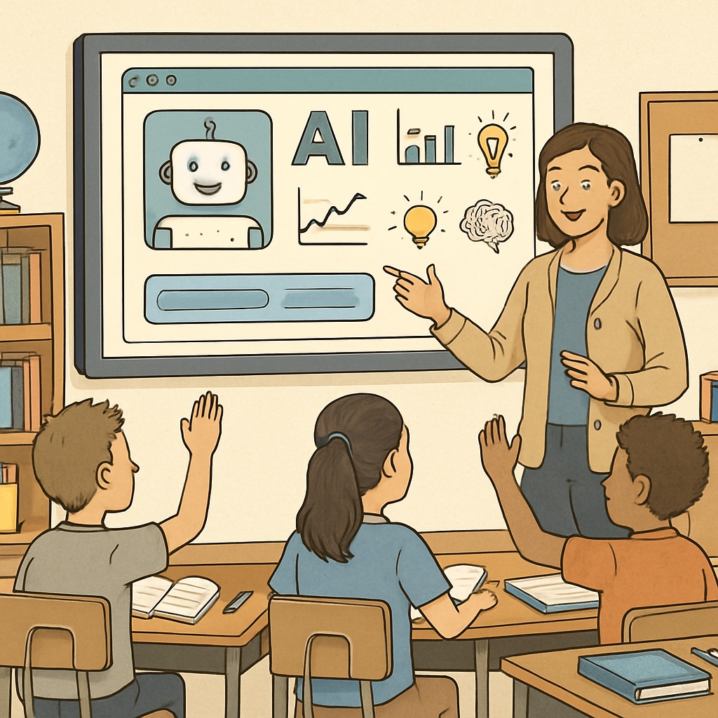 Educator utilizing AI tools in a classroom to improve student engagement and personalized learning.